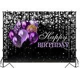 Silber-schwarzer Hintergrund 'Happy Birthday', glänzende Pailletten, violette Luftballons, Lichterkette, Bokeh-Fotografie, Party-Dekoration, Vinyl, 3 x 2,4