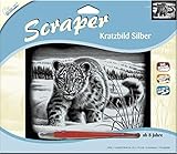 MAMMUT 137009 - Kratzbild, Motiv Schneeleopard, silber, glänzend, quer, Komplettset mit Kratzmesser und Übungsblatt, Scraper, Scratch, Kritzel, Kratzset für Kinder ab 8 J