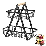 Etagere Obst 2 Etagen, Obst Etagere, 2 Tier Obst Etagere, Obst Etagere Holz, Obstkorb 2 Etagen, Obstkorb Rack Obstschale, auch Einzeln Nutzbar, für Aufbewahrung Obst & Gemüse (Schwarz)