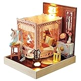 JDJFDKSFH DIY-Puppenhaus-Kit mit Möbeln und LED-Licht, rosa Schlafzimmer Miniatur-hölzerner Puppenhaus-Modell-BAU-Kits Best Birthday-Geschenk für Jungen und M