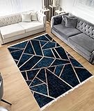 Waschbarer Teppich Wohnzimmer Schlafzimmer Kinderzimmer Läufer waschbar in Waschmaschine strapazierfähig Küche Moderne Geometrische Muster Gold dunkel blau Bettumrandung Verschiedene Größ