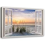 Feeby Bild auf Vlies Leinwand Fenster Illusion 3D 90x60 cm Kunstdruck Modern Wandbilder Deko Flur Wohnzimmer Gras Am Strand Sonnenuntergang Beig