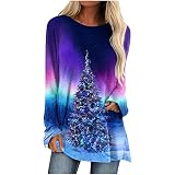 PWKNRD Weihnachten Langarmshirt Damen Weihnachtspulli Tie Dye Pullover Sweatshirt Basic Rundhals Langarmshirt Sports Langarm Longshirt Weihnachtsbaum Druck Pulli Oberteile Bluse Tops Teenag