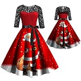 Zegeey Weihnachtskleid Rundhals Spitzenkleid Kurzarm Elegant Retro A-Linie Ballkleid Karneval Swing Kleider Party Kleid Christmas Cartoon Druck Herbst Winter Midik