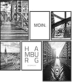 Papierschmiede® Mood-Poster Set Hamburg | Bilder als Wanddeko | Wohnzimmer & Schlafzimmer | 2x DIN A4 und 4x DIN A5 | Hafen Hauptstadt des Nordens schwarz-weiß - ohne R