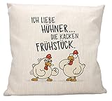 vanVerden Kissen mit Spruch - Ich liebe Hühner, die kacken Frühstück. - Huhn - Kissen 40x40 cm Kuschelkissen Dekokissen Kopfkissen, Farbe:Natur (Leinen-Optik), Ausführung:Kissenbezug mit Füllung