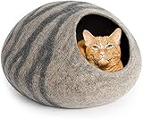 Luxus-Katzenbett, Filz, Höhle, Dunkelgrau / Weiß, Größe XL, 44–48 cm, handgefertigt, 100 % Merinowolle, Bett für Katzen und Kätzchen, gestreift, Katzenhöhle (hellgrau)