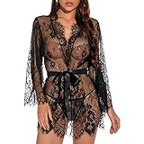 Aisprts Damen Sexy Spitze Kimono Robe Babydoll Dessous Tiefer V-Ausschnitt Floral Mesh Nachthemd mit Taillengürtel und G-String Teddy Bodysuit erotische Nachtwäsche für Liebhaberin F