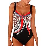 KEERADS Damen Badeanzug Bauchweg Puch Up Große Größen One Piece Figurformend Schwimmanzug Bademode Strandmode (XL, Rot)