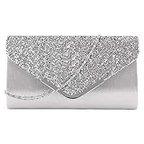 MEGAUK Damen Clutch Glitzer Elegant Abendtasche Glänzend Handtasche Envelope Tasche Strass Unterarmtasche mit Kette für Hochzeit Wedding Prom Party (Mode Silber)