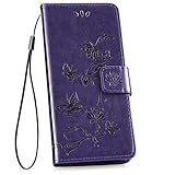 Ysimee kompatibel mit Samsung Galaxy S10 Hülle im PU Leder, Handytasche Flip Brieftasche Cover Schutzhülle Ledertasche Wallet Lederhülle Etui Klapphülle Kartenfächer Schmetterling, Blume- Dunk