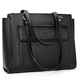 FIGESTIN Damen PU Leder Handtaschen Aktentasche für 14 Zoll Laptop Businesstasche Vintage Top Handle Shopper Schultertasche Schw