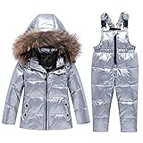 amropi Skianzug Mädchen Kinder Schneeanzug Daunenjacke mit Kaputze + Skihose 2tlg Bekleidungsset Winteranzug Silber,3-4 J