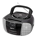 Amazon Basics tragbarer Stereo-Radiorekorder mit CD-Player, FM-Radio, Kassettenrekorder, LED-Bildschirm und 3,5-mm-AUX-Eingang, schwarz (EU-Stecker)