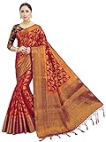 HAOK Sarees für Damen Banarasi Art Seide Indisches Geschenk gewebt Sari | Traditioneller Ethnischer Kerala-Sari mit nicht genähter Bluse, rot, O