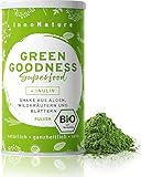 Bio “Green Goodness” Superfood Shake mit 12 Superfoods (Weizengras + Gerstengras + Moringa + Chlorella + Spirulina + Kelp etc.) 300g Premium grünes Smoothie Pulver/Shake. Vegan + hergestellt in DE