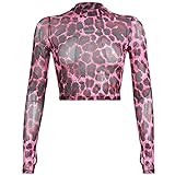 Sscbxz Frauen S langärmlige Sehenswürdigkeit durch T-Shirt Sexy Rosa Leopard Drucken Mesh Cro Top Mock Hals T-Stück (Color : Fuchsia, Size : S)