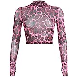 Sscbxz Frauen S langärmlige Sehenswürdigkeit durch T-Shirt Sexy Rosa Leopard Drucken Mesh Cro Top Mock Hals T-Stück (Color : Fuchsia, Size : S)