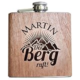 Holz Flachmann Der Berg ruft, mit persönlicher Namens Gravur! Geschenk Wandern Klettern Bergsteiger Ski Fahrer Urlaub