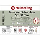 Meisterling® Edelstahl TerrassenSchrauben / TerrassenbauSchrauben / Universalschrauben 5 x 40 / 50 / 60 / 70 / 6 x 80 / 100 / 120 / 8 x 140 mm Edelstahl / INOX gehärtet, CUT-Spitze und Schneidkerbe, Reibeteil und Fräsrippen, 2/3 Grobgewinde, Linsensenkkopf 90° mit Torx-Antrieb TX-25 / TX-40