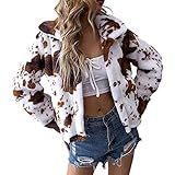 Damen Button Down Flauschige Jacke Tie Dye Kuh Druck Fleece Mantel Langarm Revers Outwear mit Taschen, braun, 42