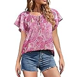 YURUNFEN Chiffon-Oberteile für Damen, schick, bedruckt, kurzärmelig, Sommer, V-Ausschnitt, Kordelzug, hot pink, X-Larg