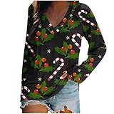 KIMODO Weihnachtspullover Sweatshirt Damen Weihnachten Bedrucktes Pulli Langarm T-Shirt Festliche V Ausschnitt Lose Bluse Hemd Pullover Oberteil Tunika Tops (A-Schwarz, L)