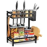 Gewürzregal, Küchenregal Edelstahl Gewürzregal, Küchenarbeitsplatte Organizer, Gewürzständer für Arbeitsfläche, Gewürzhalter mit Besteckablage Haken Messerhalter Board Rack, Lagerregal für Küche B