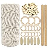 Makramee Set Natürliche Makramee Schnur Makramee Garn 3mm 56 Stück Holzperlen 15 Stück Holzringe 2 Stück Holzstäbchen für Wandbehang Bastelarbeiten DIY 100 m lang