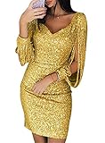 generisch JIER Damen V-Ausschnitt Glänzend Partykleid Fransen Langarm Sexy Cocktailkleid für Hochzeit Paillettenkleid Abendkleider Elegante Festliches Kleid Glitzer Abendkleid (Gelb,Small)