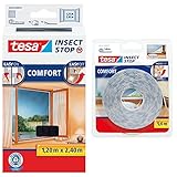 tesa Insect Stop COMFORT Fliegengitter für bodentiefe Fenster - Insektenschutz selbstklebend - Fliegen Netz ohne Bohren - anthrazit, 120 cm x 240 cm & Recambio cinta Velcro 5,60m blanco, S