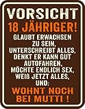 RAHMENLOS Original Blechschild zum 18. Geburtstag: Vorsicht 18jähriger! Glaubt erwachsen zu Sein Denkt er kann gut Autofahren Möchte endlich Sex Wohnt noch bei M