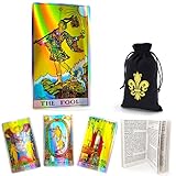 Cekell Klassisches Rider Waite Tarot Deck Holographische Karten mit gedrucktem Reiseführer und Samttasche, traditionelles Wahrsagewerkzeug mit Regenbogeneffek