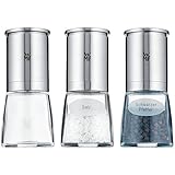 WMF De Luxe Salz und Pfeffermühle Set 3-teilig, befüllt, Cromargan Edelstahl matt, Glas, Keramikmahlwerk, Mühle für Salz, Pfeffer, C