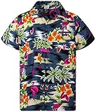 King Kameha Funky Hawaiihemd, Kurzarm, Flamingos, Schwarz, XL