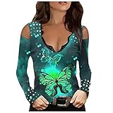 VICIKON Damen T-Shirts Slim Fit Tshirt Teenager Mädchen Sommer Kalte Schulter Blusen T-Shirt Tops Lose Spitze Kurze Ärmel Sexy Bluse Cold Shoulder Basic Shirt Drucken Blusen Pailletten Sp