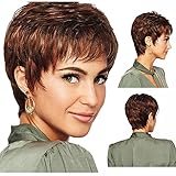 YXSHZ Braune Kurzhaar-Perücken für Frauen, flauschig, gelockt, mit Pony, natürliches Echthaar, kurze Schicht, Mischung, Blond, hitzebeständig, volle Perücken (braun)