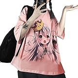 Tomwell Damen T-Shirt Kawaii Sommer Kurzarm Lose Hemd Shirt Anime Cartoon Oversize Rundhals Sweatshirt Oberteil Japan Harajuku Gothic Kpop Fashion Pastel Goth Lässige Tops Rosa K M