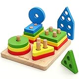 Coogam Holz Sortieren & Stapeln Spielzeug, Form Farberkennung Geometrische Blöcke Passende Puzzle mit Schnürschnur, Pädagogische Vorschule Lernen Brettspiel Geschenk für Kleinkinder Alter 1 2 3