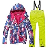 SXSHUN Jungen Skianzug 2 Teilig Skijacke + Skihose Kinder Mädchen Outdoor Warm Schneeanzug, Gelbe Hose, 134-140