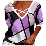 Damen Langarm Casual Lose Sexy V-Ausschnitt Kreuz Geometrisch Druck T-Shirt Top, Purple4, XXXXXL