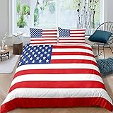 MOUMOUHOME Bettbezug-Set mit amerikanischer Flagge, volle Größe, 3D-Druck, rot und weiß gestreift, dekorativ, 3-teiliges Set mit Nationalflaggenmuster, Bettbezug mit Reißverschluss, keine Bettdeck
