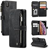 Lavender1 Handyhülle für iPhone XS Hülle Handytasche PU Leder Schutzhülle mit iPhone XS Lederhülle Ständer Kartenfächer Standfunktion Klapphülle Case für Apple iPhone XS (Schwarz,iPhone XS)