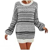 Damen Langarm Pullikleid Minikleid Strickkleid Pulloverkleid Partykleid Pullover Kleider Elegant Weihnachten Gedruckte Frauen Weihnachtskleid Eng anliegender Hüftrock Vintage 70s Design F