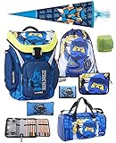 Lego Schulranzen Explorer mit Lego Ninjago Motiv Team Blauer Ninja Jay 8 TLG. Set mit Federmappe, Sporttasche, Schultüte 85cm und Regenschutz Spinjitzu Lloyd Schulranzen-S
