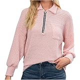 Damen Pullover V-Ausschnitt Waffel Freizeit Langarmshirt Oberteile mit Reißverschluss und Brusttaschen Herbst Langarm Hemdkragen Shirt Sweatshirt für Female L