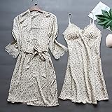 QKX,Bademantel,Weibliche Robe Set Nachtwäsche Leopard Homewear 2PCS Kimono Bademantel Kleid Sexy Satin Intime Dessous,Brige,XXL