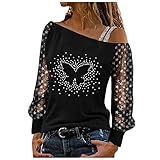 Modisches Oberteile Damen T Shirt mit fünfzackigem Stern Motiv und heißem Bohren Sexy Pailletten Pullover Schulterfreie Sling Shirts Durchsichtige Beiläufig Tunika Langen Ärmeln B