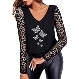 Herbst Winter Blusen Longsleeve Blusenshirt Lässig Lose Hemdbluse Tunika Freizeittop Damen T-Shirts Leichter Pullover Sexy Spitze Langarm Oberteil Drucken Top