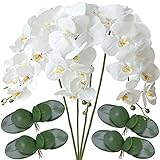 FagusHome 4 Stück künstliche Phalaenopsis Orchideen Blumen Weiß mit 4 Bündeln Künstliche Orchidee Blätter für Dek